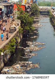 Mumbai, India - December 17, 2018: Dirty River In Dharavi Slums. Mumbai. India.