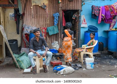 Mumbai, India - February 26, 2019: Indian People On The Street In Dharavi Slum At Mumbai