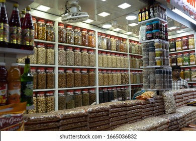Mumbai, India - February 29, 2020: All kinds of nuts for sale at the Crawford Market in Mumbai, India