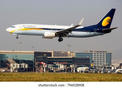 Mumbai, India - February 9, 2017: Jet Airways B737-800 VT-JBD landing at Mumbai Airport.