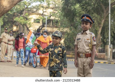 MUMBAI, INDIA - Jan 26, 2022: A selective of two boys dressed in police uniforms have come to celebrate Republic Day in Shivaji Park