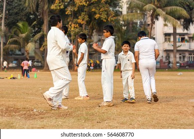 MUMBAI, INDIA - JANUARY 14, 2017 : Indian kids practicing at cricket net to improve cricketing skills 