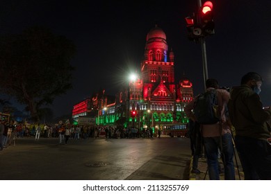 Mumbai, India - January 26th 2022 : Evening lights outside Chhatrapati Shivaji Maharaj Terminus on occasion of republic day of India.