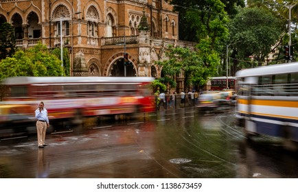 Mumbai, India - July 07, 2018 : Mumbai Traffic Police At Duty On A Busy Road Of CST