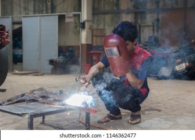 Mumbai, India - July 8, 2018 - Indian Boys Learning About Welding In Vocational School