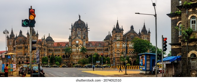 MUMBAI, INDIA - OCTOBER 2, 2021 : Chhatrapati Shivaji Terminus railway station (CSTM), is a historic railway station and a UNESCO World Heritage Site in Mumbai, Maharashtra, India