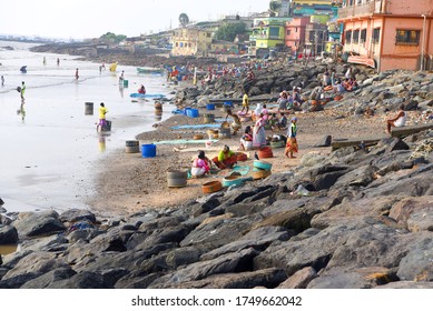  Mumbai, India/ September 10, 2017: South Asian Indian Fisherwomen From The Koli Community Sorting Different Varieties Of Fish For Sale At Uttan Beach. 