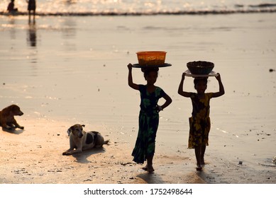 Mumbai, India/ September 10, 2017: South Asian Indian Fisherman Children From The Koli Community At Uttan Beach.