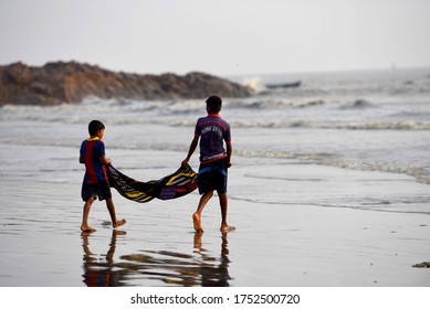 Mumbai, India/ September 10, 2017: South Asian Indian Fisherman Children From The Koli Community At Uttan Beach.