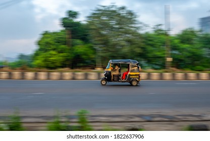 MUMBAI, INDIA - September 20, 2020 : An Auto Rickshaw Driver Wearing Protective Mask During Covid-19 Pandemic, Famous Three Wheel Public Transport In Mumbai