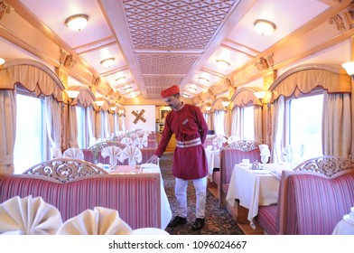 MUMBAI, MAHARASHTRA, INDIA 21 MARCH 2015 : Attendants Of The Deccan Odyssey Luxurious Passenger Train. Deccan Odyssey Train Providing A Luxury Travel Experience Magnificent History Of India.