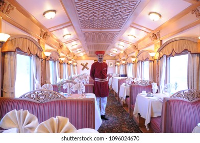 MUMBAI, MAHARASHTRA, INDIA 21 MARCH 2015 : Attendants Of The Deccan Odyssey Luxurious Passenger Train. Deccan Odyssey Train Providing A Luxury Travel Experience Magnificent History Of India.