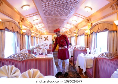 MUMBAI, MAHARASHTRA, INDIA 21 MARCH 2015 : Attendants Of The Deccan Odyssey Luxurious Passenger Train. Deccan Odyssey Train Providing A Luxury Travel Experience Magnificent History Of India.