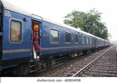 MUMBAI, MAHARASHTRA, INDIA 21 MARCH 2015 : Attendants Of The Deccan Odyssey Luxurious Passenger Train. Deccan Odyssey Train Providing A Luxury Travel Experience Magnificent History Of India.