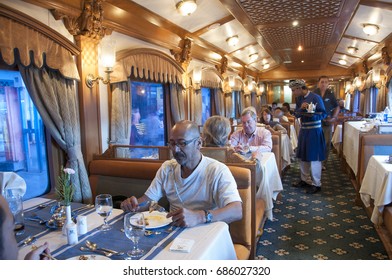 MUMBAI, MAHARASHTRA, INDIA 21 MARCH 2015 : Unidentified Tourists On Board The Deccan Odyssey Luxurious Passenger Train, Providing A Luxury Travel Experience Of The Magnificent History Of India. 
