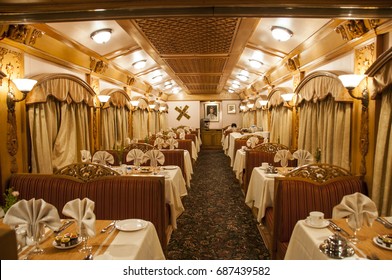 MUMBAI, MAHARASHTRA, INDIA 21 MARCH 2015 : Interiors Of The Deccan Odyssey Luxurious Passenger Train, Providing A Luxury Travel Experience Magnificent History Of India. 
