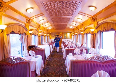 MUMBAI, MAHARASHTRA, INDIA 21 MARCH 2015 : Attendants Of The Deccan Odyssey Luxurious Passenger Train. Deccan Odyssey Train Providing A Luxury Travel Experience Magnificent History Of India.