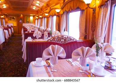 MUMBAI, MAHARASHTRA, INDIA 21 MARCH 2015 : Interiors Of The Deccan Odyssey Luxurious Passenger Train, Providing A Luxury Travel Experience Of The Magnificent History Of India.