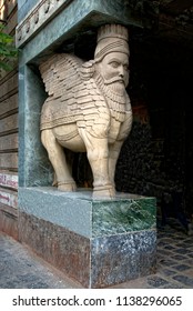 Mumbai Maharashtra India April 30 2007 Lamassu Sculpture A Human Headed Winged Bull On The Entrance Of Parsi Fire Temple