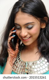 Mumbai Maharashtra India Asia July 24 2021 Beautiful Little Indian Twelve Years Old Teen Girl Talking On Mobile Phone