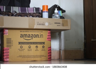 Mumbai, Maharashtra, India, December 29 2020: Alternate Use Of Empty Amazon Pantry Bulk Delivery Cartons, Used At The Entrance Of The Home For Temporary Stocking Bags, Hand Sanitisers And Mask