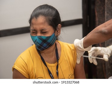 MUMBAI, MAHARASHTRA, INDIA - Feb 08, 2021: Medical Worker Inoculates Vaccine During The 2nd Phase Of Covid-19 Coronavirus Vaccination Drive For Front Line Workers At The Shatabdi Hospital.