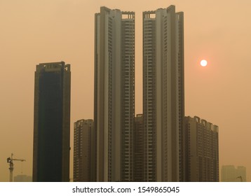 Mumbai - Maharashtra/India - October 12 2019: Sun Sets Behind The High Skyscrapers Of Thakur Village In The Suburban District Of Kandivali East.