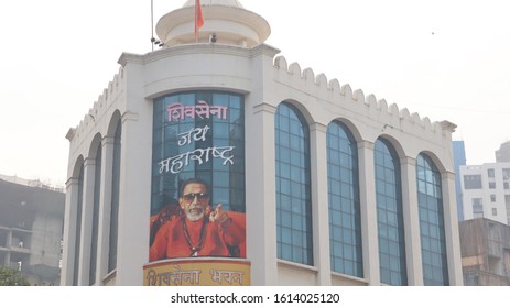 Mumbai, Maharastra/India- January 13 2020: Headquarters Of Indian Political Party- Shiv Sena. Portrait Of Right Wing Party Leader On The Building.