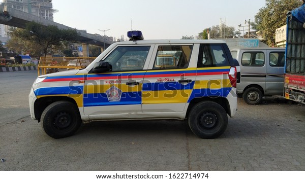 Mumbai, Maharastra/India- January 20 2019: A cop\
van parked on the road. Mumbai police can deal with traffic issues\
smartly.