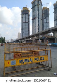 Mumbai, Maharastra/India- September 23 2019: Mumbai Traffic Police Barricade  On The Highway With Buildings. Anti-terror Squad Of Cosmopolitan Police.