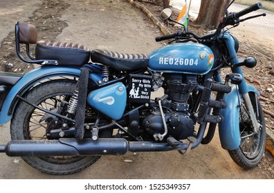 mumbai, Maharshtra/India- 8th October, 2019: Royal En-field bike with blue color with short message for girls 