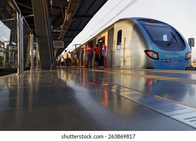 MumbaiI, India, March 15, 2015: Mumbai Metro Train. Comfortable, Modern , Fast, New & Air Conditioned Way Of Transport In Mumbai India, Shot On March 15, 2015.