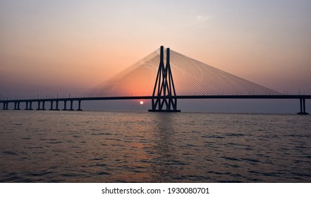 MUMBAI-MH, India - Jan, 20 2018 - Sunset at Bandra Worli Sea link, a major sea link that connects the Mumbai City. MUMBAI-MH, India 