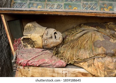 Mummified bishop in the catacombs of the Capuchin monastery in Palermo, Sicily. 