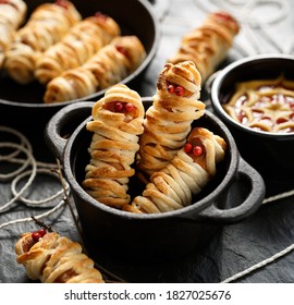 Mummy dogs close up view. Halloween food idea for  party