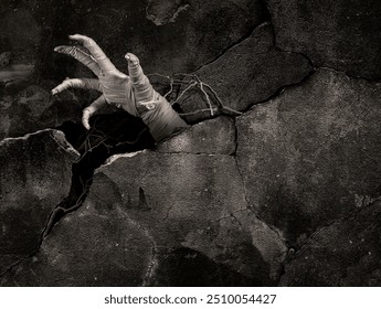 Mummy's hand wrapped in bandage rises through stone slabs of a grave or crypt. Background with copy space. Horrible risen dead mummy monster for Halloween horror concept - Powered by Shutterstock