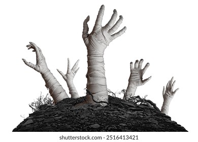 Mummy's hands wrapped in a bandage creepily moving reaches up through the ground grave on isolated background. The hand of the risen dead mummy monster for Halloween horror concept