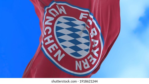 Munchen , Germany - 17 February 2021 - Waving Flag Of German Football Club FC Bayern Munich.
