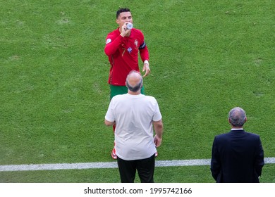 MUNCHEN, GERMANY - 19 JUNE, 2021: UEFA EURO 2020 Group F Match, Portugal - Germany 2:4, O.p: Cristiano Ronaldo Drinks A Water