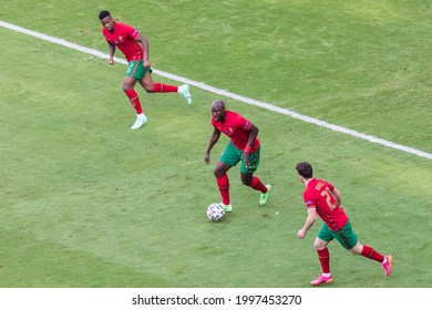 MUNCHEN, GERMANY - 19 JUNE, 2021: UEFA EURO 2020 Group F match, Portugal - Germany 2:4, o.p: Nelson Semedo, Danilo Pereira and Diogo Jota of Portugal