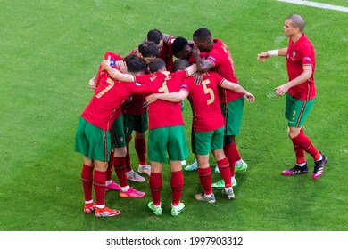 MUNCHEN, GERMANY - 19 JUNE, 2021: UEFA EURO 2020 Group F match, Portugal - Germany 2:4, o.p: Players of Portugal celebrate a goal