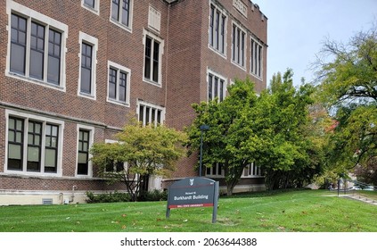 Muncie,IN - USA - 10-25-2021 - Ball State University - Burkhardt Building Angle With Sign