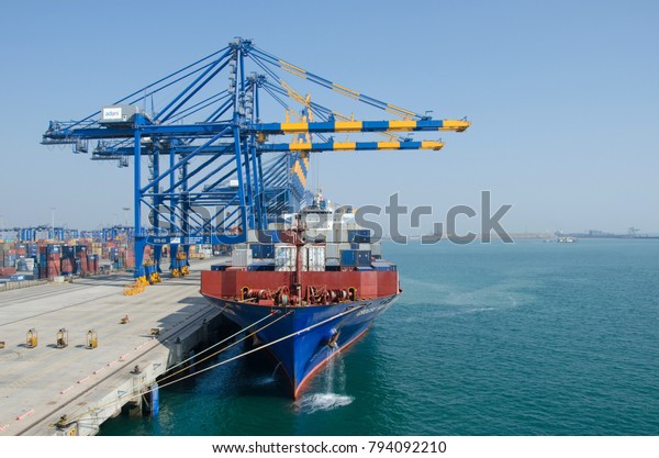 Mundra, India - December 31:\
Container vessel in port of Mundra on December 31, 2017  in Mundra,\
India.