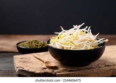 Mung Bean Sprout In Bowl On Wooden With Black Background, Asian Food Ingredients