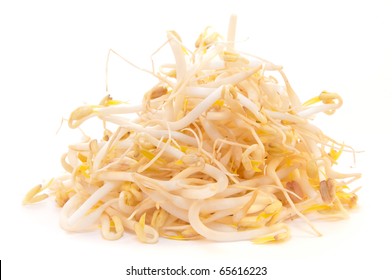 Mung beans or bean sprouts used in  Asian cuisine on white background