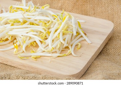 Mung beans or bean sprouts in wooden dish on sackground.