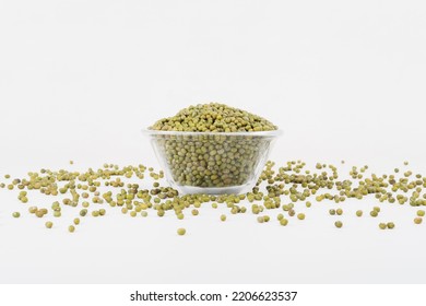 Mung Beans Inside A Clear Glass Bowl On White Background