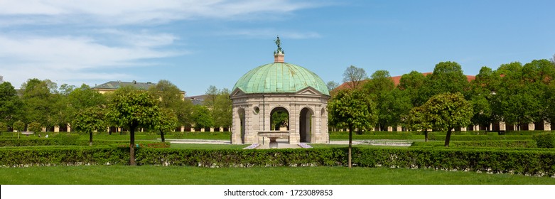 Munich, Bavaria / Germany - Apr 21, 2020: Panorama Of Hofgarten With Dianatempel (temple Of Diana) During Springtime. Royal Garden Of The Former Bavarian Kings. Popular Tourist Destination.