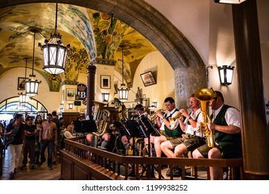 Munich, Bavaria / Germany - August 18 2018: The Musicians Of The Hofbräuhaus, A Restaurant Located Within The City Center Of Munich