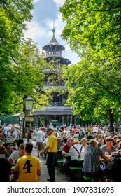 Munich, Bavaria, Germany - August 31, 2017: English Garden, Beer Garden At Chinese Tower